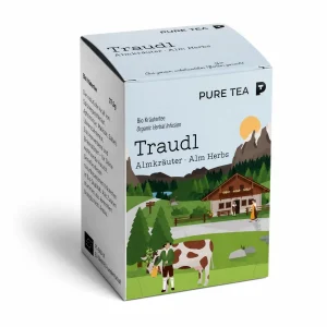 PURE TEA Traudl Bio Kräutertee Almkräuter, koffeinfreier Alpenkräuter Tee als Kräutermischung mit Spitzwegerich, Apfelminze & Melisse, einzeln verpackte Kissenbeutel in Dispenserbox