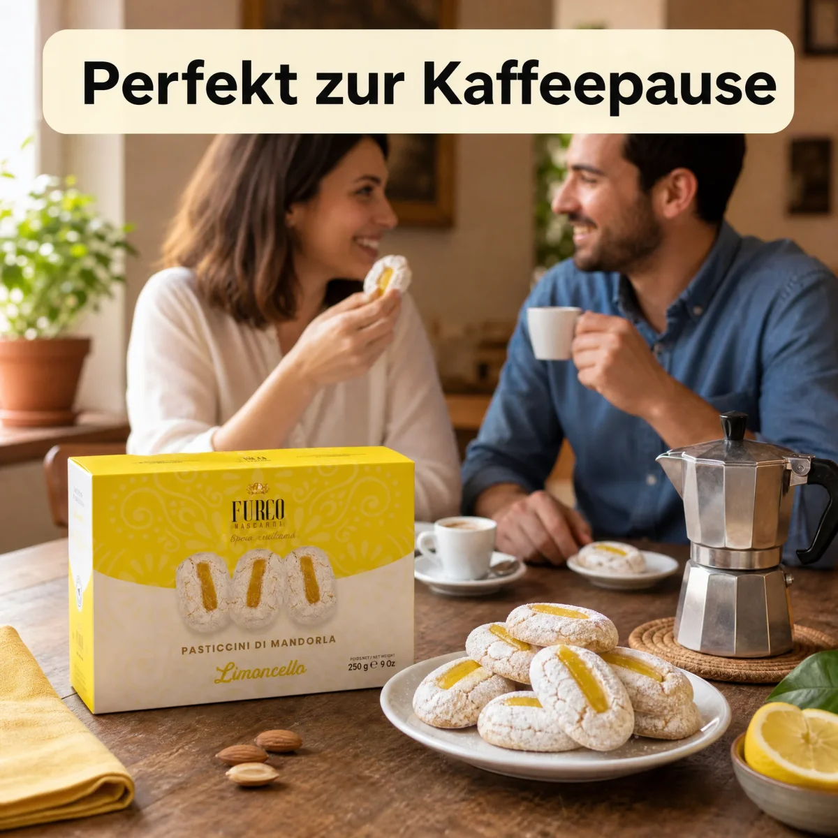 Furco Kekse Pasticcini di Mandorla Limoncello, italienische Mandelgebäck-Spezialität mit Zitrone und Puderzucker, weiches sizilianisches Gebäck in gelb‑weißer Geschenkbox, 250 g – Bild 9