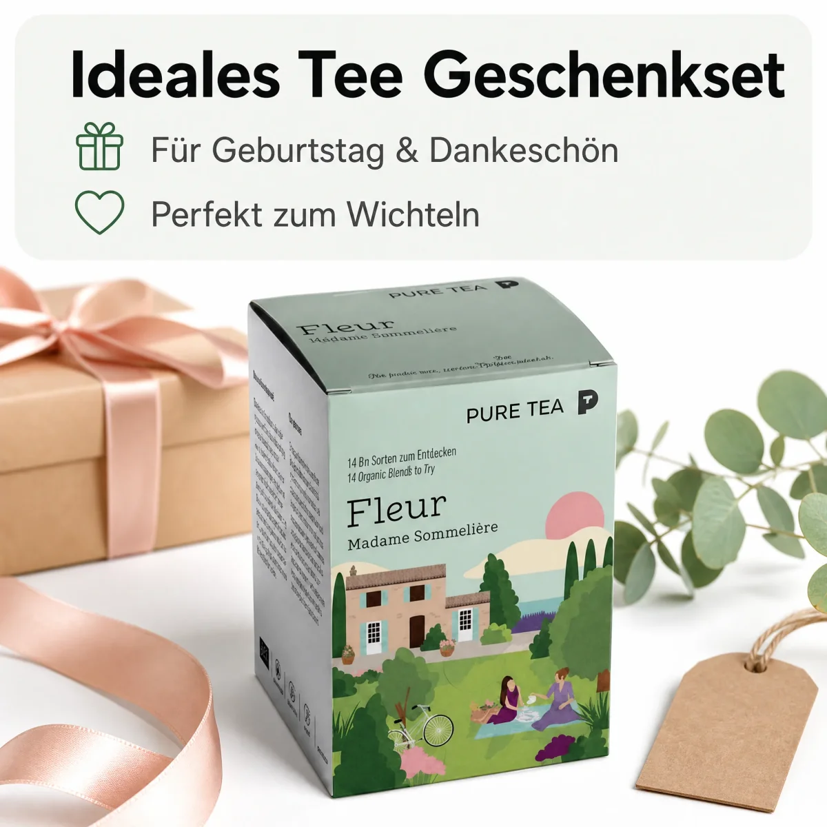 Pure Tea Bio Tee Geschenkset FLEUR Auswahlbox, Premium Tee Set als Probierbox mit Grüntee, Schwarztee, Kräutertee und Früchtetee, handgenähte Kissen-Teebeutel, einzeln verpackt, geschenkfähige Box – Bild 6