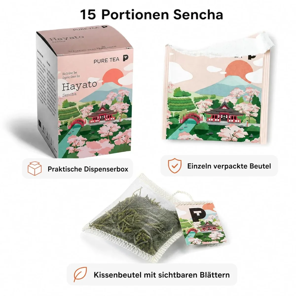 6 x Pure Tea Grüner Tee Sencha Hayato, japanischer Grüntee im Kissenbeutel, 15 Beutel à 3 g, Premiumqualität, Dispenserbox, frisch-duftiges Aroma – Bild 6