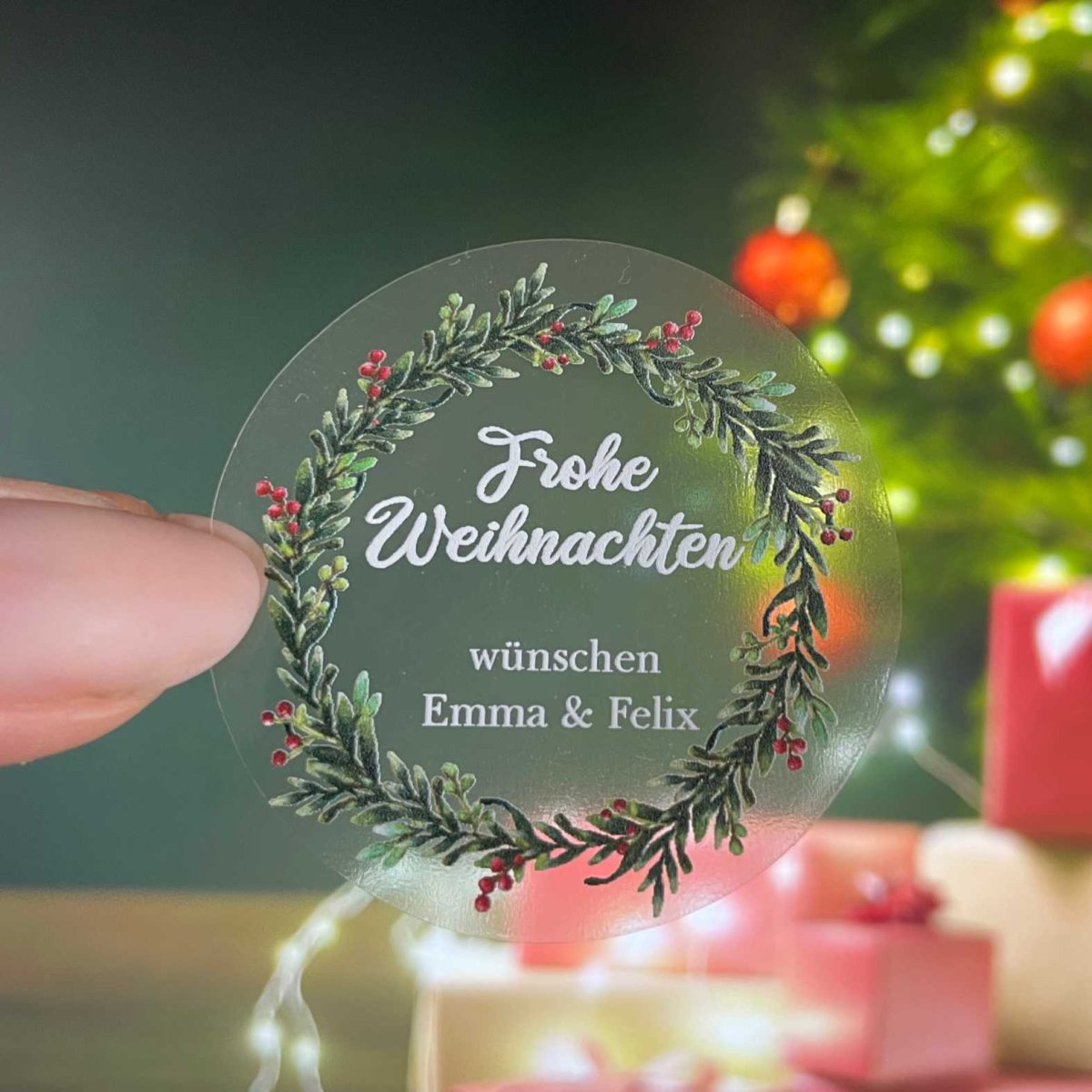 Weihnachten Aufkleber - 24 Stück Personalisierte transparente Aufkleber | Mistelzweig Kranz – Bild 2