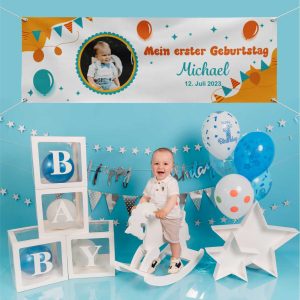 Geburtstagsbanner "Mein erster Geburtstag" für Jungen personalisiert mit Foto und Wunschname