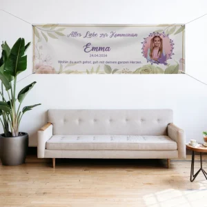 Taufe / Kommunion Banner  personalisiert mit Foto und Wunschname - Lila