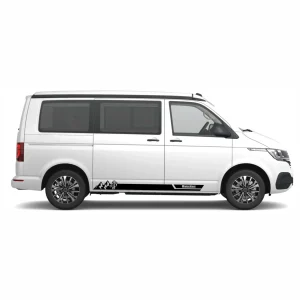 Seitenstreifen Aufkleber Berge-Palme-Surfbrett passend für VW T6.1, T6, T5, Multivan, Bulli, Transporter - mit WUNSCHTEXT